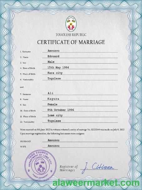 Togo marriage certificate PSD template